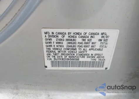 2008 Honda Ridgeline Rt из США, поврежденный, VIN 2HJYK162X8H500388